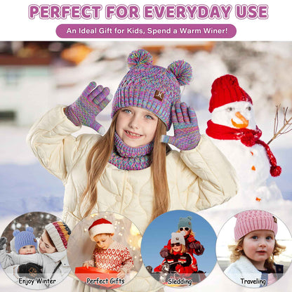 Children's Winter Hat Loop Scarf Touchscreen Gloves Set 2 3 4 5 6 7 Years Toddler Winter Hat Beanie Tube Scarf Knitted Pom Hats Gift Girls Boys