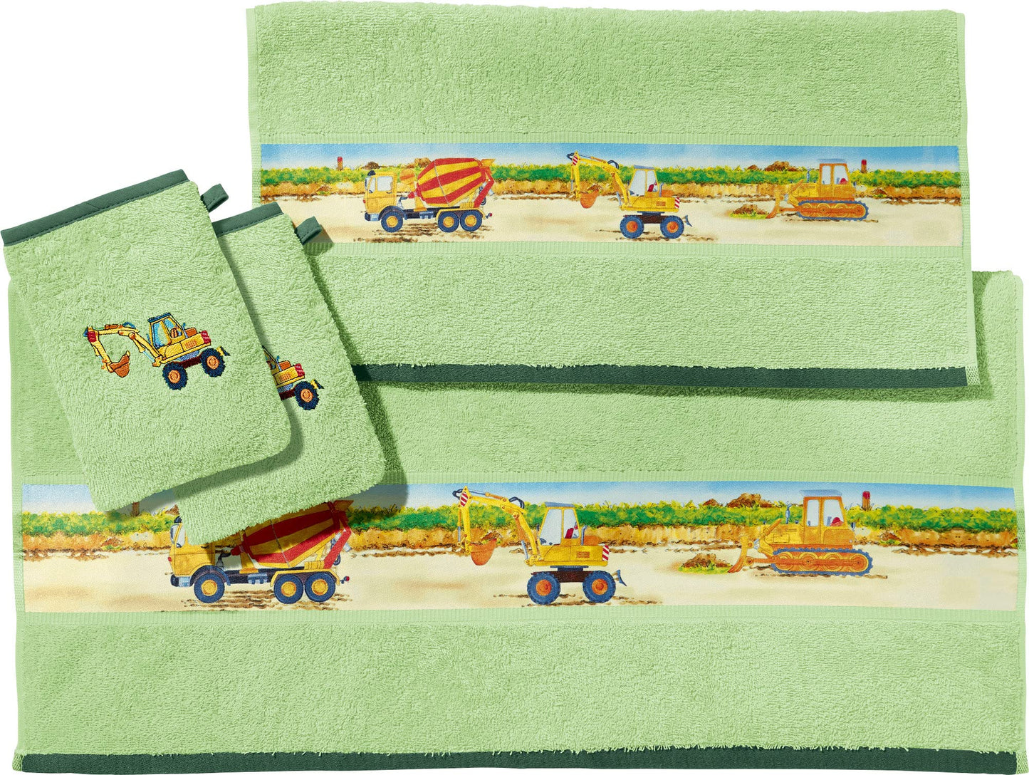 Erwin Müller Kinder-Waschhandschuh, Waschlappen 4er-Pack Traktor, Bagger grün Größe 15x21 cm - 100% Baumwolle, mit hochwertigem Stickmotiv