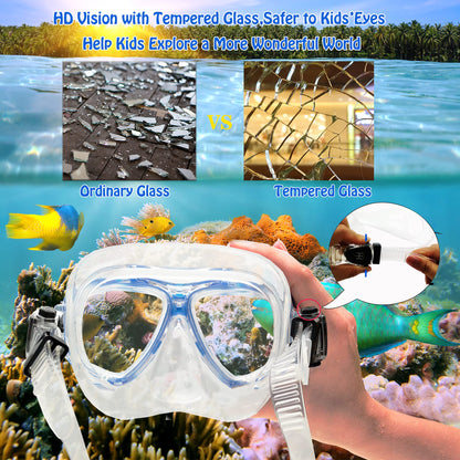 HH HHAO SPORT Children's snorkel set with fins, 180° panorama wide view diving goggles children, adjustable flippers, high-quality diving mask and dry top snorkel