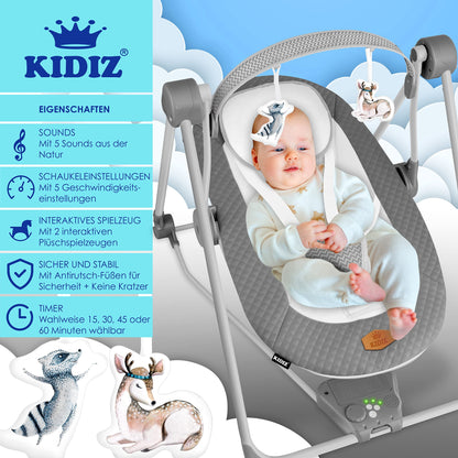 KIDIZ® Baby Rocker Baby Swing with 5 Speed Settings Foldable Baby Rocker Swing Baby High Chair with Play Arch Toys 5 Soothing Natural Sounds Newborn Anthracite