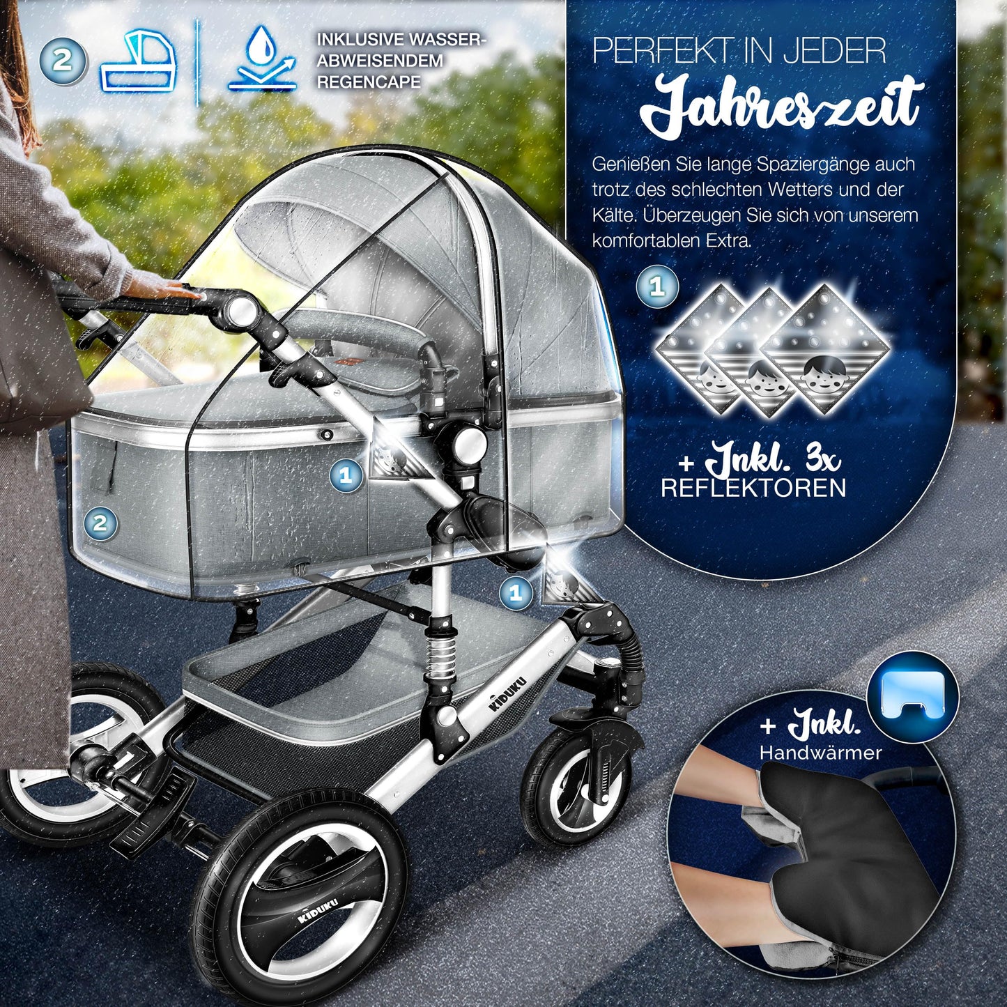 KIDUKU® 3 in 1 Kinderwagen Komplettset | Kombikinderwagen Set inkl. Babywanne & Buggy Sportsitz & Auto-Babyschale Fußsack | Vollgummireifen Wickeltasche Handwärmer Regenschutz Kindertisch ECE R129