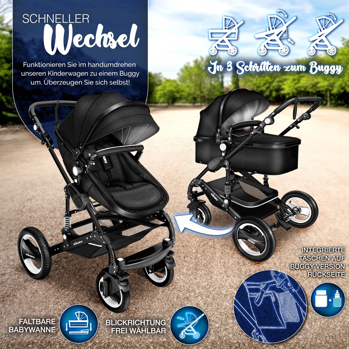 KIDUKU® 3 in 1 Kinderwagen Komplettset | Kombikinderwagen Set inkl. Babywanne & Buggy Sportsitz & Auto-Babyschale Fußsack | Vollgummireifen Wickeltasche Handwärmer Regenschutz Kindertisch ECE R129