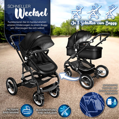 KIDUKU® 3 in 1 Kinderwagen Komplettset | Kombikinderwagen Set inkl. Babywanne & Buggy Sportsitz & Auto-Babyschale Fußsack | Vollgummireifen Wickeltasche Handwärmer Regenschutz Kindertisch ECE R129