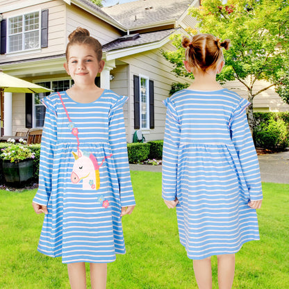 JinBei Mädchen Kleid Baumwolle Rundhals Rüschen Ärmellos Lässige Einhorn Cartoon-Applikationen Blau/Weiße Gestreift Kleidung Kinder Sommer Party Festliches Prinzessin A-Linie Kleider Gr. 98-128