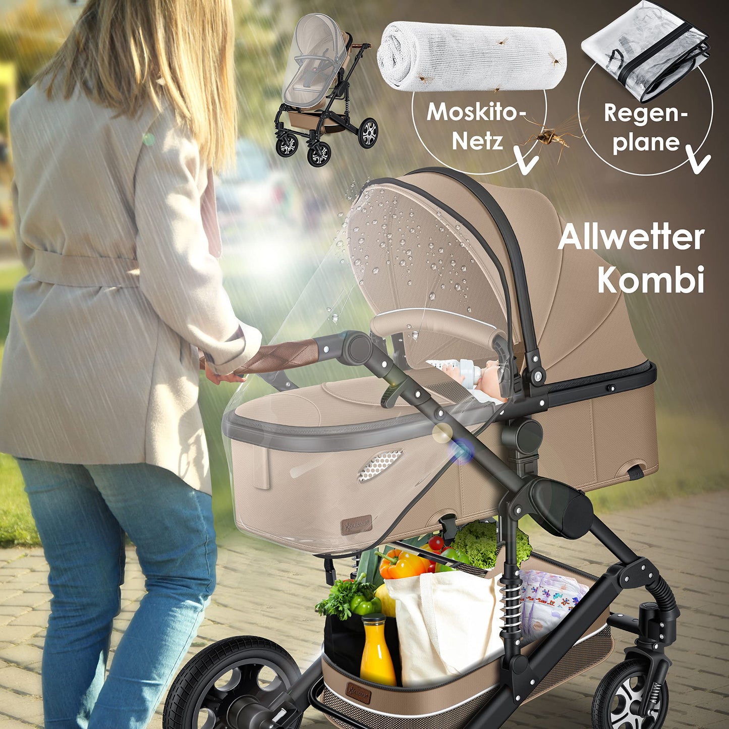 KESSER® Loops 3 in 1 Kinderwagen Kombikinderwagen Komplett-Set inkl. Babywanne & Buggy Sportsitz & Auto-Babyschale Voll-Gummireifen Wickeltasche Regenschutz Kindertisch ECE R129, Schwarz/Champagne - Meloni2