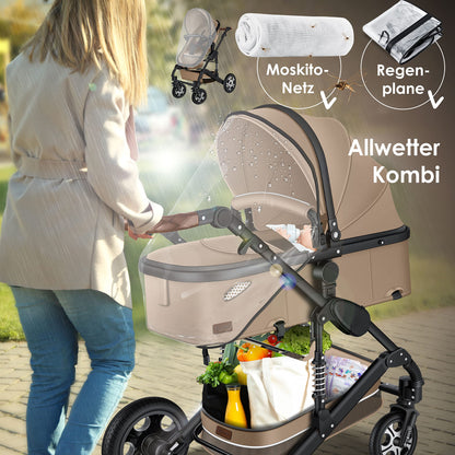 KESSER® Loops 3 in 1 Kinderwagen Kombikinderwagen Komplett-Set inkl. Babywanne & Buggy Sportsitz & Auto-Babyschale Voll-Gummireifen Wickeltasche Regenschutz Kindertisch ECE R129, Schwarz/Champagne - Meloni2