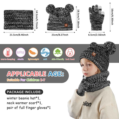 Children's Winter Hat Loop Scarf Touchscreen Gloves Set 2 3 4 5 6 7 Years Toddler Winter Hat Beanie Tube Scarf Knitted Pom Hats Gift Girls Boys