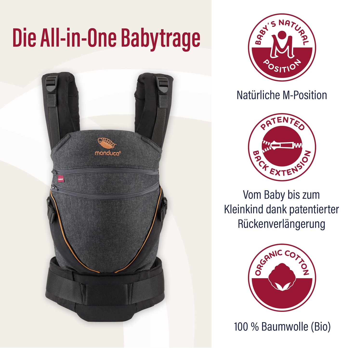 manduca XT Babytrage - Verstellbarer Sitz, der mitwächst - Vom Neugeborenen bis zum Kleinkind - Babytrage aus Bio-Baumwolle mit 3 Tragemöglichkeiten