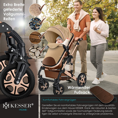 KESSER® Loops 3 in 1 Kinderwagen Kombikinderwagen Komplett-Set inkl. Babywanne & Buggy Sportsitz & Auto-Babyschale Voll-Gummireifen Wickeltasche Regenschutz Kindertisch ECE R129, Schwarz/Champagne - Meloni2