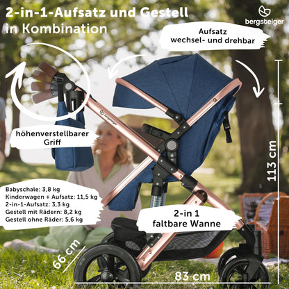 Bergsteiger Nizza 3 in 1 Kinderwagen, Kombikinderwagen Komplettset, Auto-Babyschale & Isofix Station, Babywanne & Buggy Sportsitz inklusive