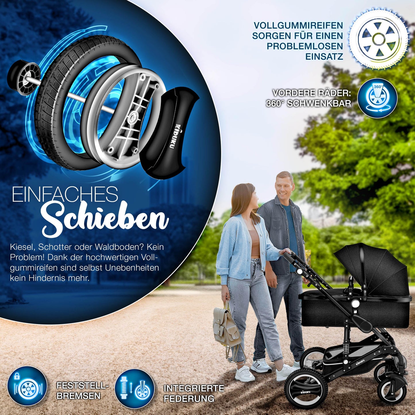 KIDUKU® 3 in 1 Kinderwagen Komplettset | Kombikinderwagen Set inkl. Babywanne & Buggy Sportsitz & Auto-Babyschale Fußsack | Vollgummireifen Wickeltasche Handwärmer Regenschutz Kindertisch ECE R129