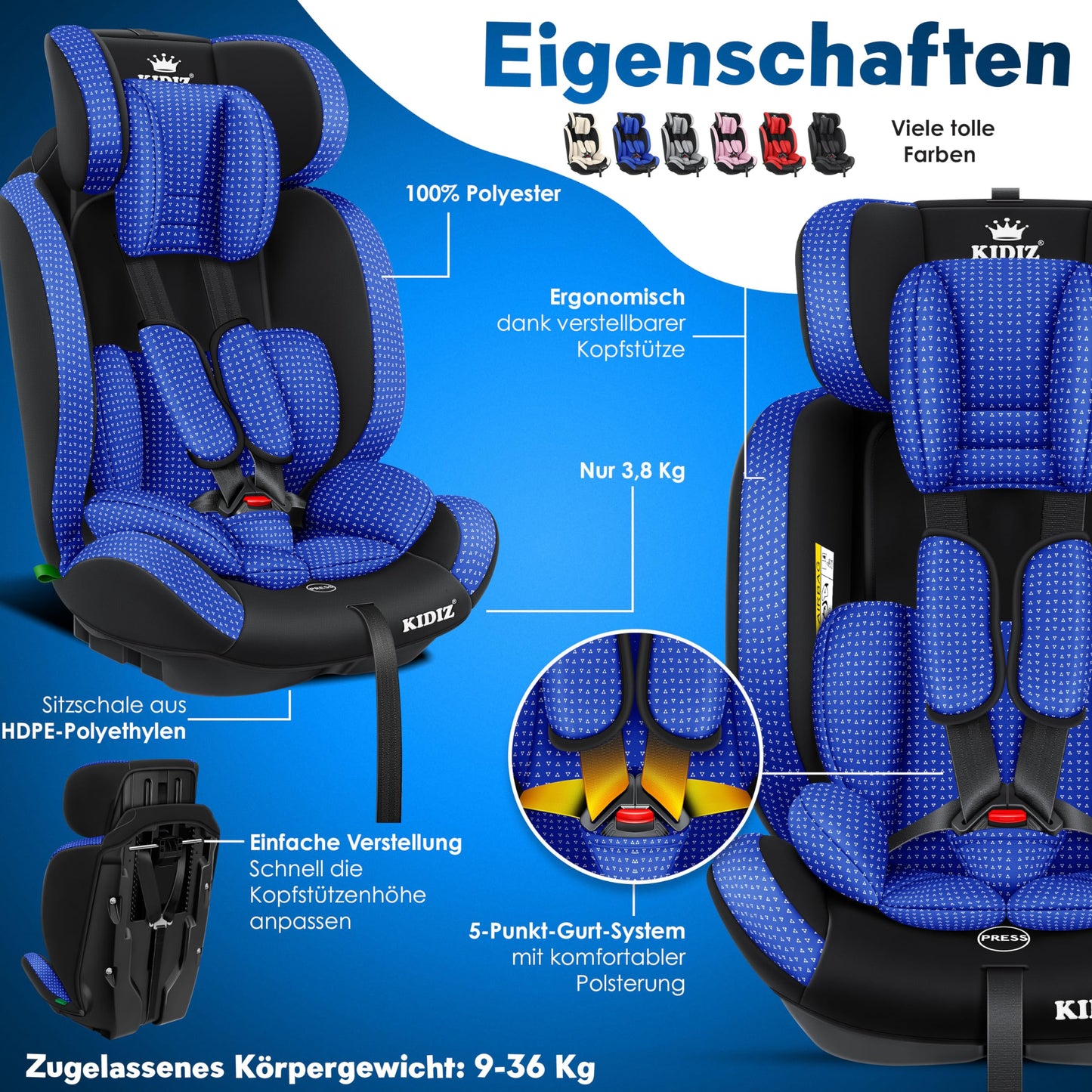 KIDIZ® Autokindersitz Triangle Premium Kindersitz Kinderautositz | Autositz Sitzschale | 9 kg - 36 kg 1-12 Jahre | Gruppe 1/2/3 | universal | zugelassen nach ECE R129/03 | mit Isofix