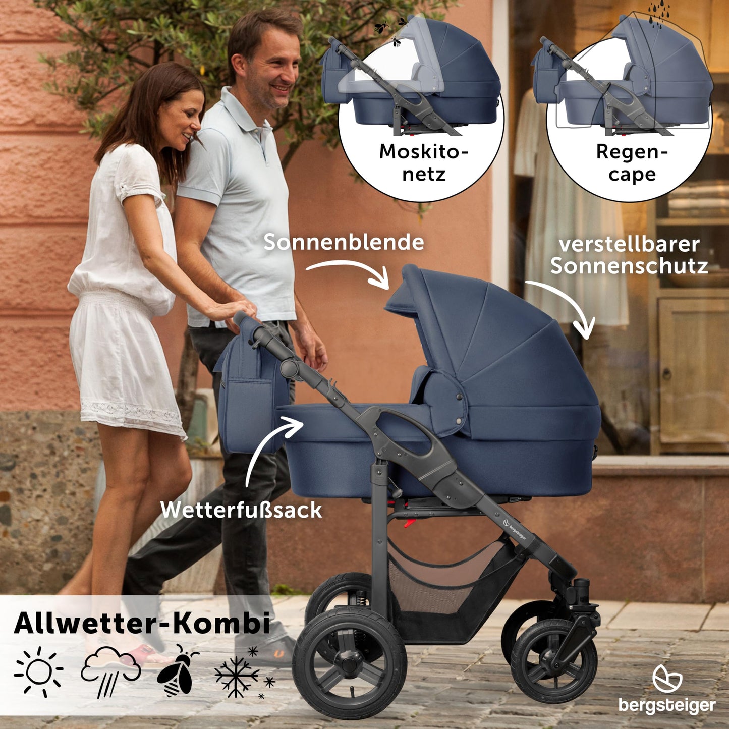 Bergsteiger Capri 3-in-1 Combination Pushchair - Baby Carrier, Sports Seat & i-Size Baby Seat, Pneumatic Tyres, Suspension, Height-Adjustable Handle, Foldable, Accessories