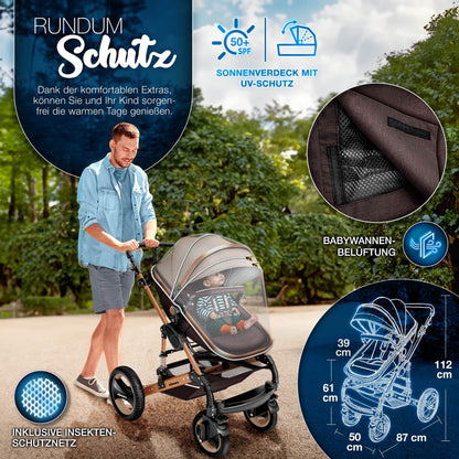 KIDUKU® 3 in 1 Kinderwagen Komplettset | Kombikinderwagen Set inkl. Babywanne & Buggy Sportsitz & Auto-Babyschale Fußsack | Vollgummireifen Wickeltasche Handwärmer Regenschutz Kindertisch ECE R129