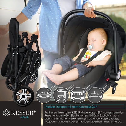 KESSER® Loops 3 in 1 Stroller Combi Stroller Complete Set including Carrycot &amp; Buggy Sports Seat &amp; Car Seat Solid Rubber Tires Changing Bag Rain Cover Children's Table ECE R129, Black/Champagne 