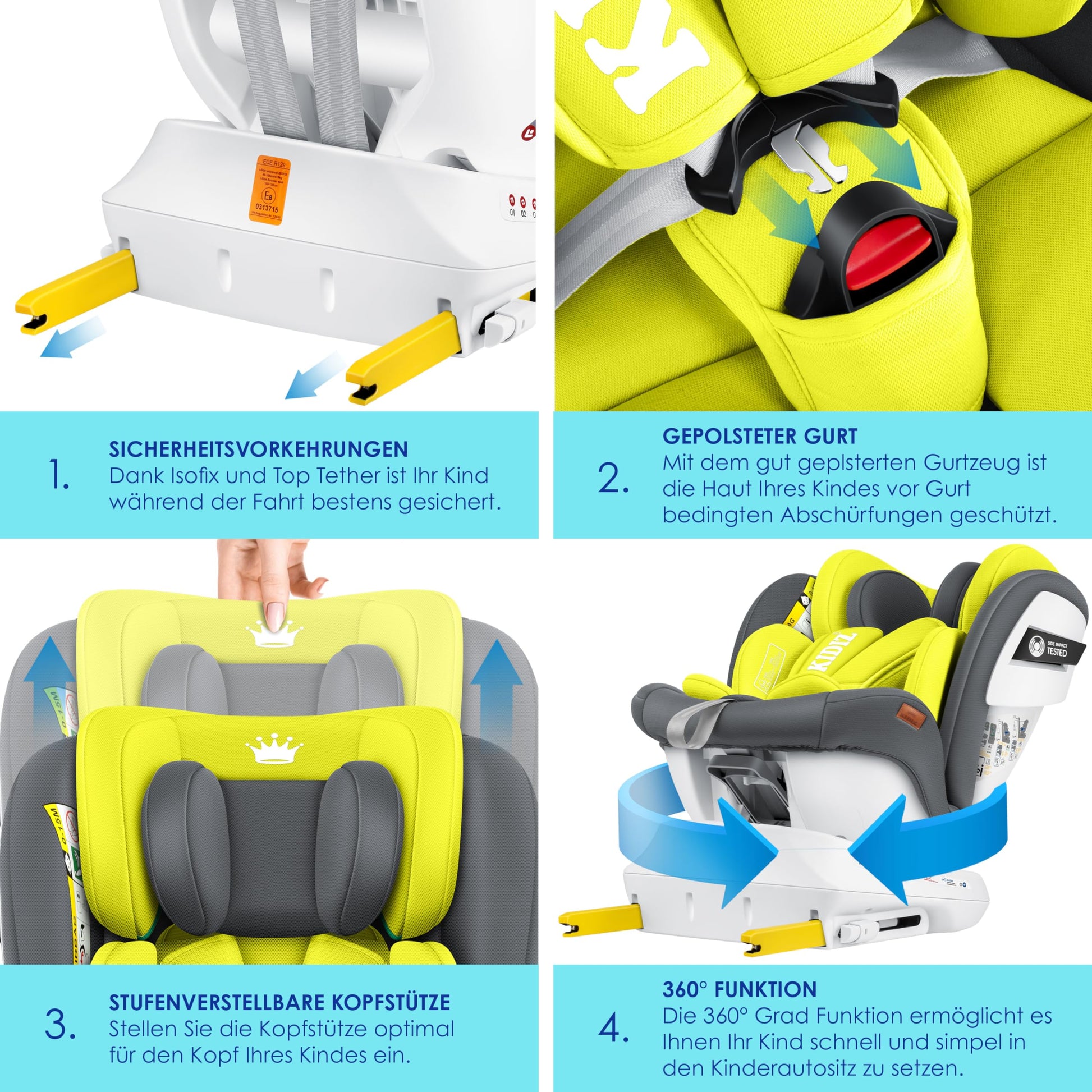 KIDIZ® Kindersitz Baby Autositz Kinderautositz Isofix Top Tether 360° drehbar Gruppe 0/1/2/3 ab Geburt 0-36kg Mit Sonnenschutzdach Seitenschutz 5 Punkt Gurt Kopfstützenverstellung ECE R129 Grau - Meloni2