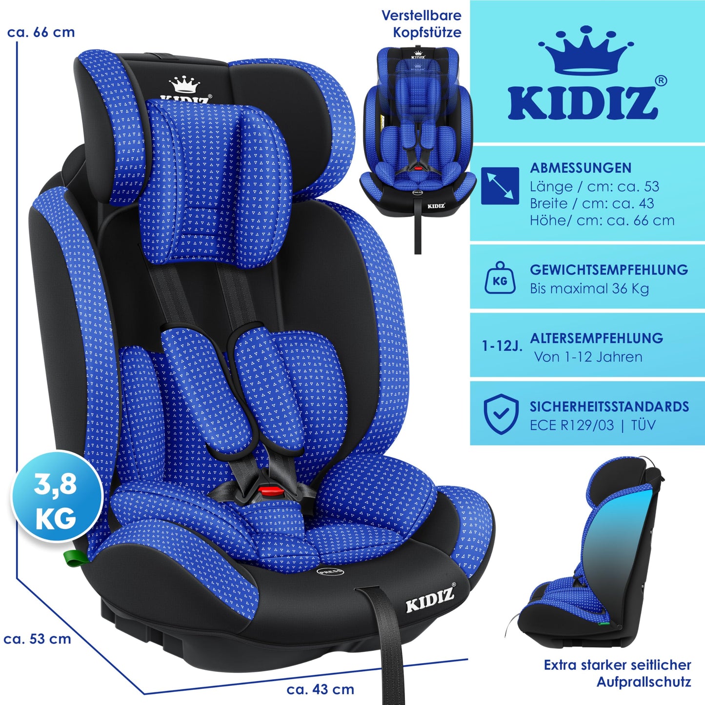 KIDIZ® Autokindersitz Triangle Premium Kindersitz Kinderautositz | Autositz Sitzschale | 9 kg - 36 kg 1-12 Jahre | Gruppe 1/2/3 | universal | zugelassen nach ECE R129/03 | mit Isofix