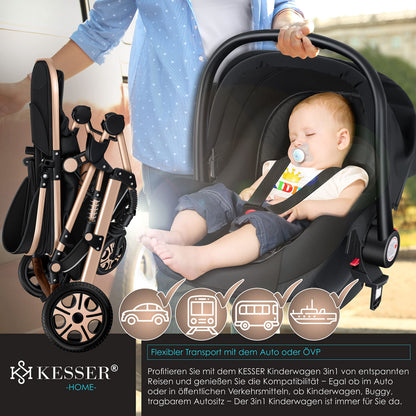 KESSER® Loops 3 in 1 Stroller Combi Stroller Complete Set including Carrycot &amp; Buggy Sports Seat &amp; Car Seat Solid Rubber Tires Changing Bag Rain Cover Children's Table ECE R129, Black/Champagne 
