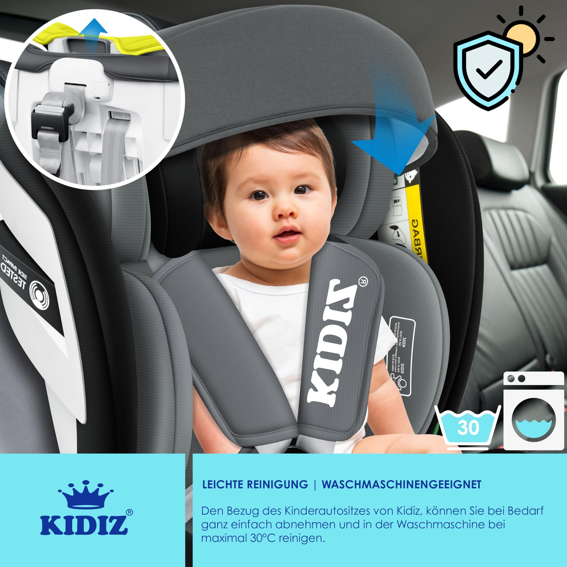 KIDIZ® Kindersitz Baby Autositz Kinderautositz Isofix Top Tether 360° drehbar Gruppe 0/1/2/3 ab Geburt 0-36kg Mit Sonnenschutzdach Seitenschutz 5 Punkt Gurt Kopfstützenverstellung ECE R129 Grau - Meloni2