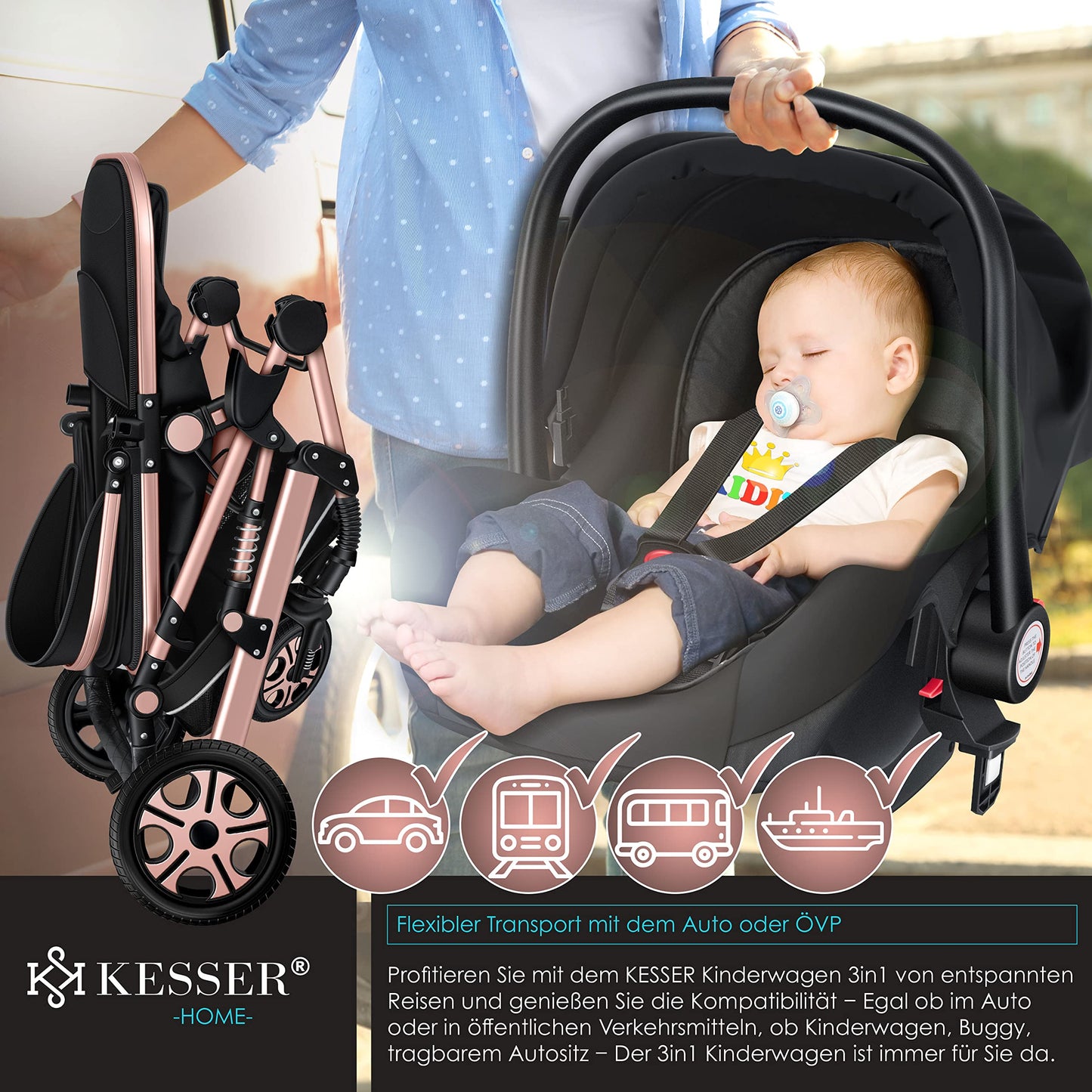 KESSER® Loops 3 in 1 Kinderwagen Kombikinderwagen Komplett-Set inkl. Babywanne & Buggy Sportsitz & Auto-Babyschale Voll-Gummireifen Wickeltasche Regenschutz Kindertisch ECE R129, Schwarz/Champagne - Meloni2
