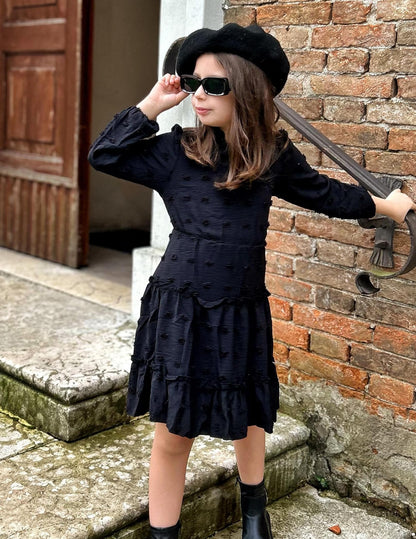 Arshiner Dress Girls Festive Flounce V-Neck Long Sleeve Dress Swiss Dot Chiffon Dress Children Tiered Dress A-Line Party Dress Wedding Princess Dress Swing Skater Dress 5-12 Years 