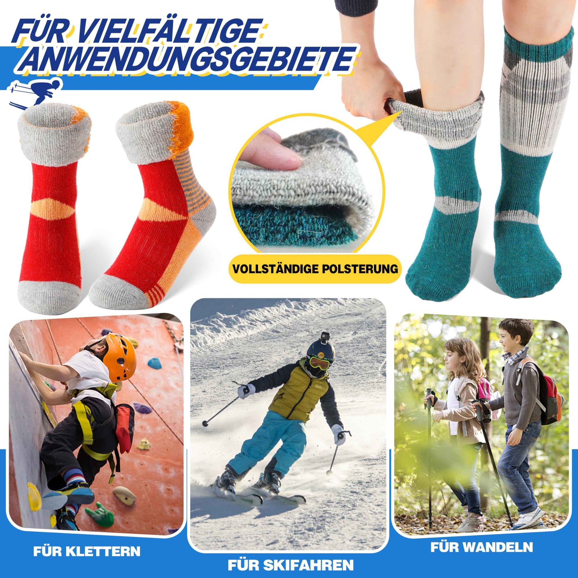 ANTSANG Kinder Merino Woll Skisocken Jungen Mädchen Thermisch Dick Warm Winter Gemütlich Kniehohe Socken zum Skifahren Snowboarden 3 Paar