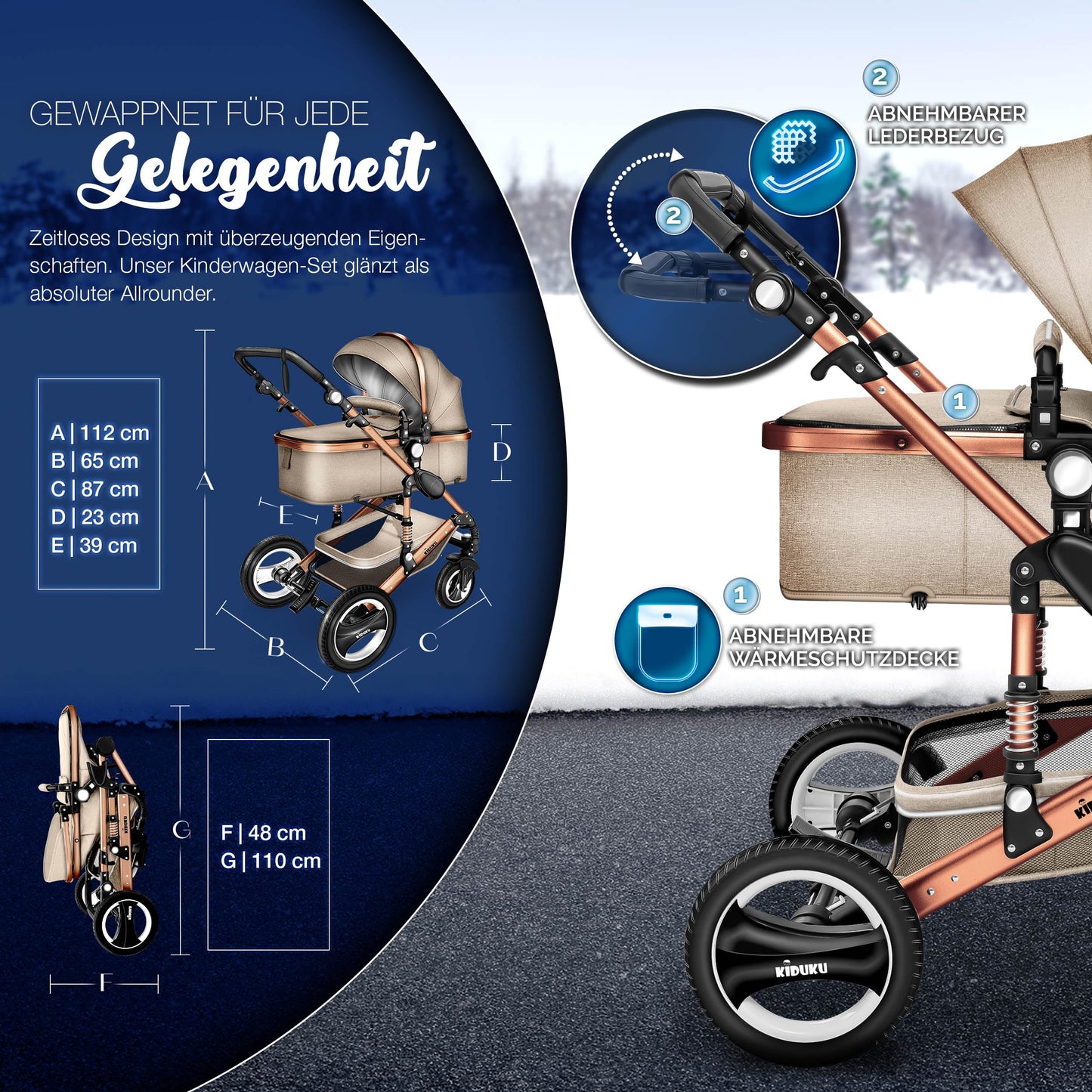 KIDUKU® 3 in 1 Kinderwagen Komplettset | Kombikinderwagen Set inkl. Babywanne & Buggy Sportsitz & Auto-Babyschale Fußsack | Vollgummireifen Wickeltasche Handwärmer Regenschutz Kindertisch ECE R129