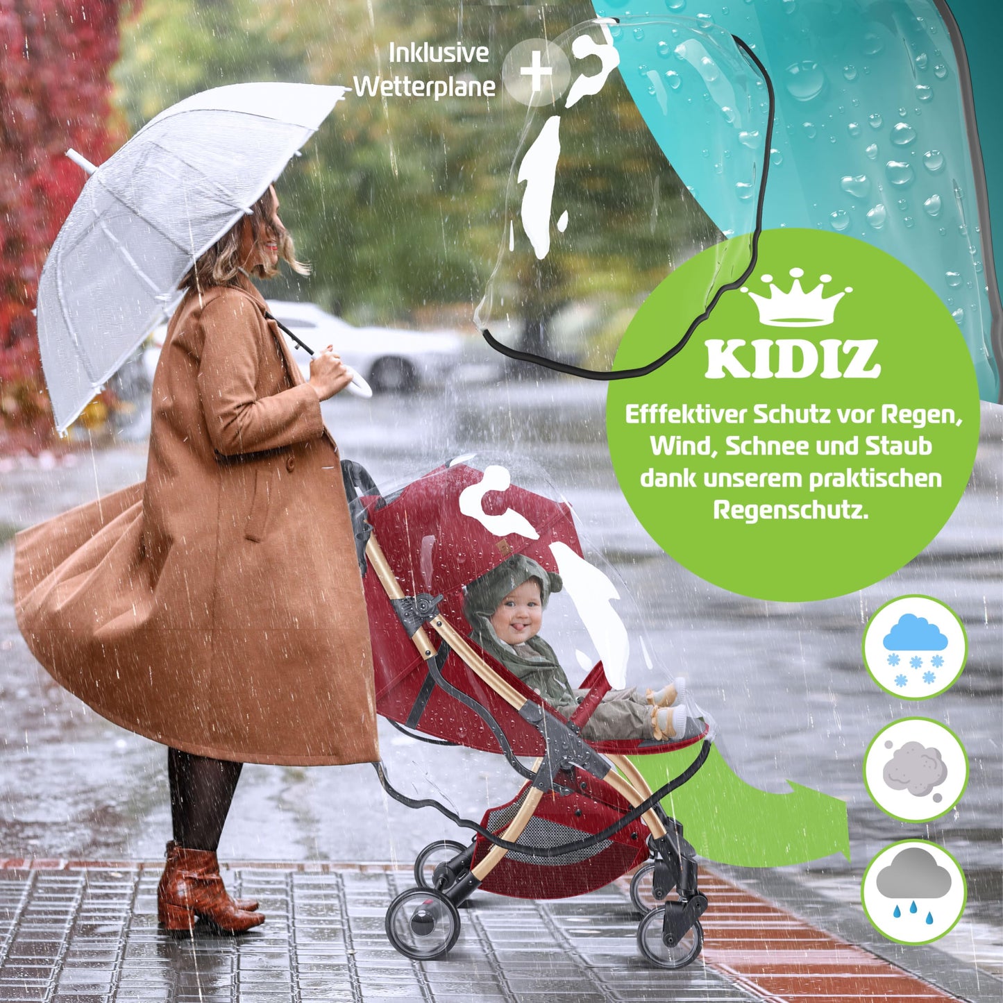 KIDIZ® Folding Pushchair, Sports Pram, 360° Wheels, 5-Point Harness, incl. Drinks Holder, Rain Cover, Adjustable Backrest and Sun Canopy, Red