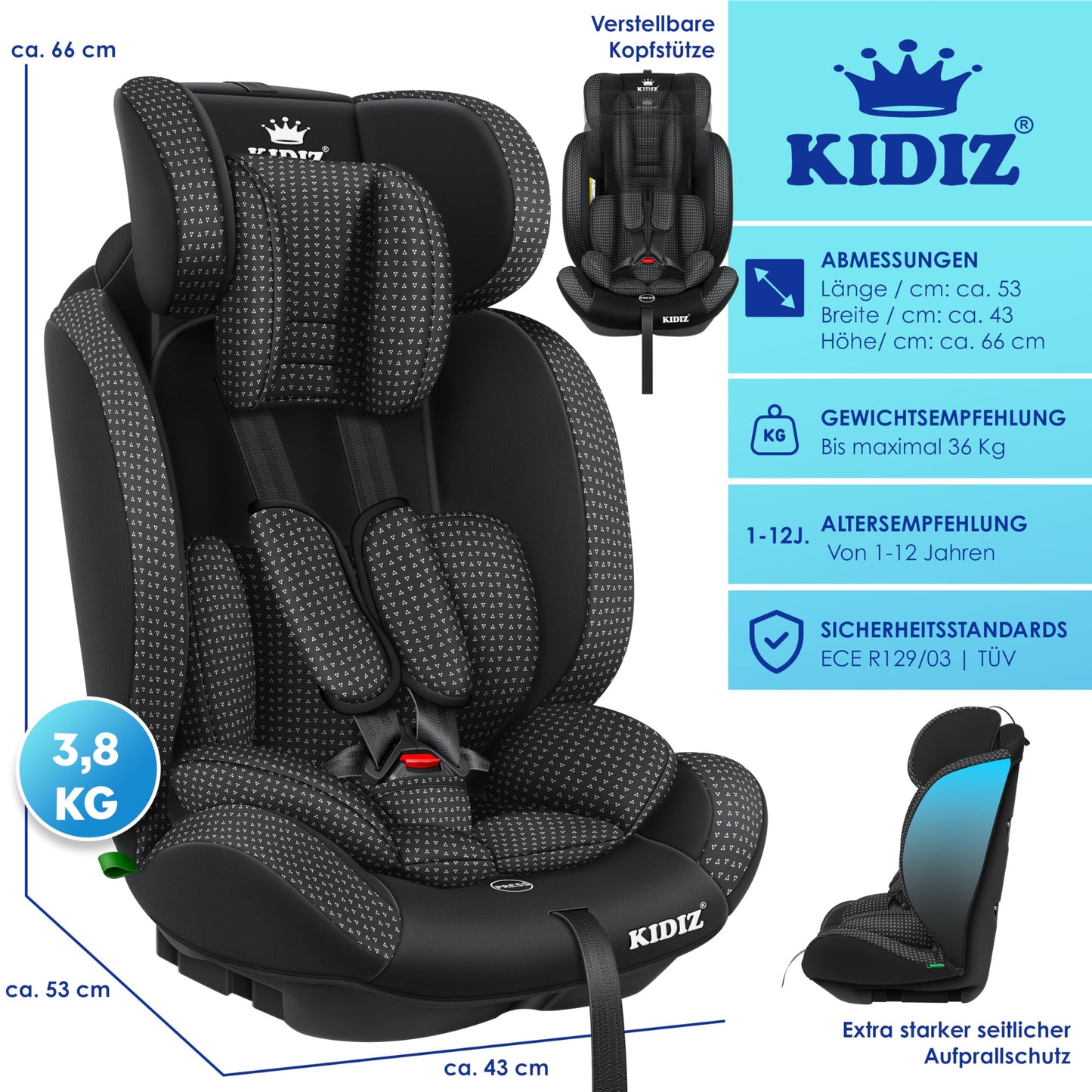 KIDIZ® Autokindersitz Triangle Premium Kindersitz Kinderautositz | Autositz Sitzschale | 9 kg - 36 kg 1-12 Jahre | Gruppe 1/2/3 | universal | zugelassen nach ECE R129/03 | mit Isofix