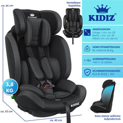 KIDIZ® Autokindersitz Triangle Premium Kindersitz Kinderautositz | Autositz Sitzschale | 9 kg - 36 kg 1-12 Jahre | Gruppe 1/2/3 | universal | zugelassen nach ECE R129/03 | mit Isofix