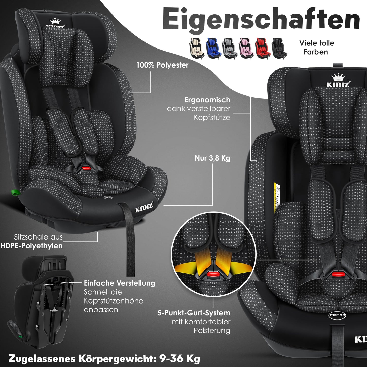 KIDIZ® Autokindersitz Triangle Premium Kindersitz Kinderautositz | Autositz Sitzschale | 9 kg - 36 kg 1-12 Jahre | Gruppe 1/2/3 | universal | zugelassen nach ECE R129/03 | mit Isofix