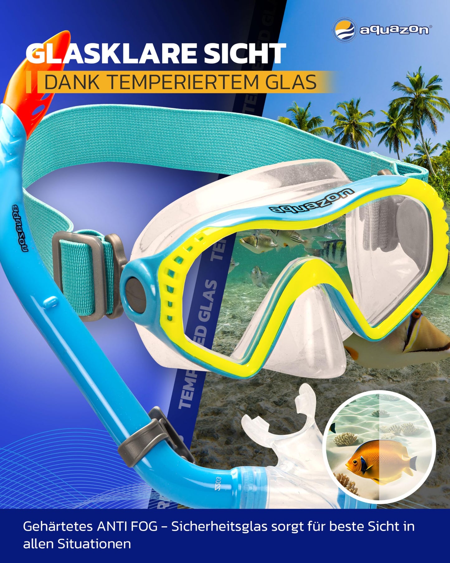 AQUAZON Starfish Kinder Schnorchelset - Taucherbrille mit extra komfortablem Textil Kopfband - 7-12 Jahre - inkl. Schnorchel, superklares temperiertes Glas