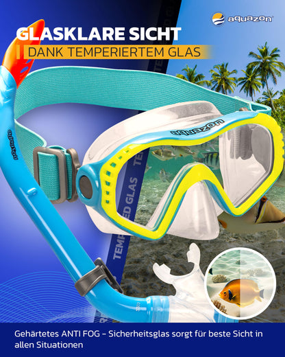 AQUAZON Starfish Kinder Schnorchelset - Taucherbrille mit extra komfortablem Textil Kopfband - 7-12 Jahre - inkl. Schnorchel, superklares temperiertes Glas