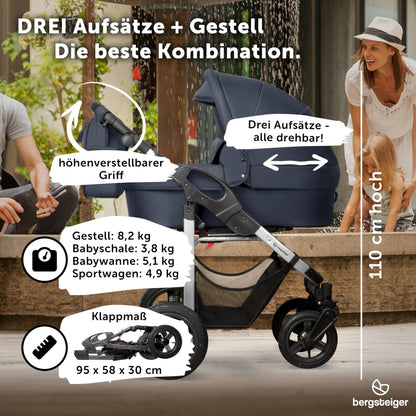 Bergsteiger Capri 3-in-1 Combination Pushchair - Baby Carrier, Sports Seat & i-Size Baby Seat, Pneumatic Tyres, Suspension, Height-Adjustable Handle, Foldable, Accessories