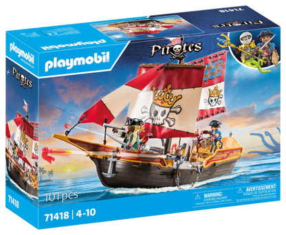 PLAYMOBIL Pirates 71418 Pirate Ship, Exciting Adventures on the High Sea, with Extensive Accessories such as Telescope, Compass and Cannons, Toy for Children from 4 Years