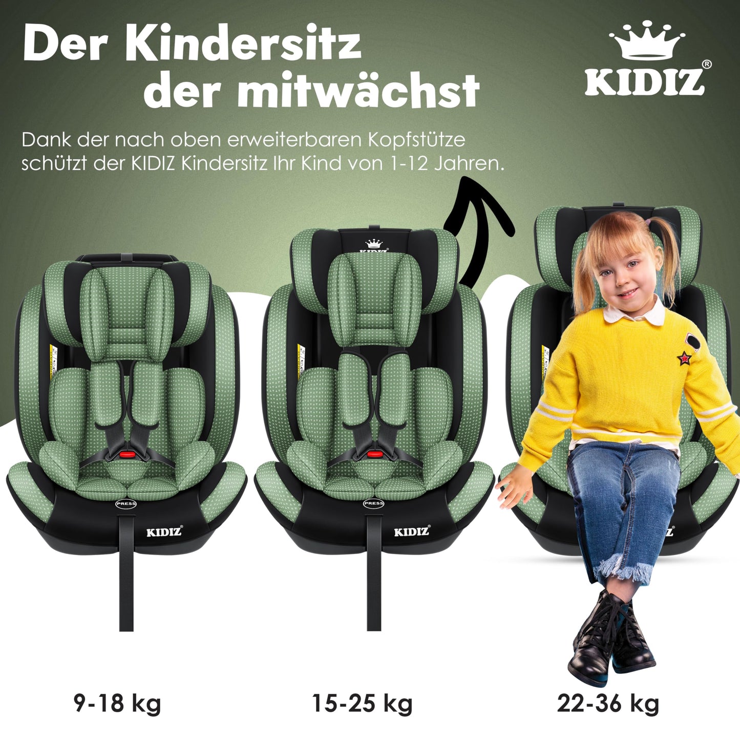 KIDIZ® Autokindersitz Triangle Premium Kindersitz Kinderautositz | Autositz Sitzschale | 9 kg - 36 kg 1-12 Jahre | Gruppe 1/2/3 | universal | zugelassen nach ECE R129/03 | mit Isofix - Meloni2