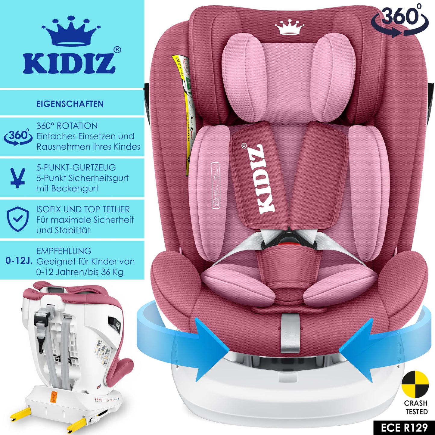 KIDIZ® Kindersitz Baby Autositz Kinderautositz Isofix Top Tether 360° drehbar Gruppe 0/1/2/3 ab Geburt 0-36kg Mit Sonnenschutzdach Seitenschutz 5 Punkt Gurt Kopfstützenverstellung ECE R129 Grau - Meloni2
