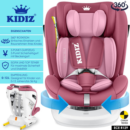 KIDIZ® Kindersitz Baby Autositz Kinderautositz Isofix Top Tether 360° drehbar Gruppe 0/1/2/3 ab Geburt 0-36kg Mit Sonnenschutzdach Seitenschutz 5 Punkt Gurt Kopfstützenverstellung ECE R129 Grau - Meloni2