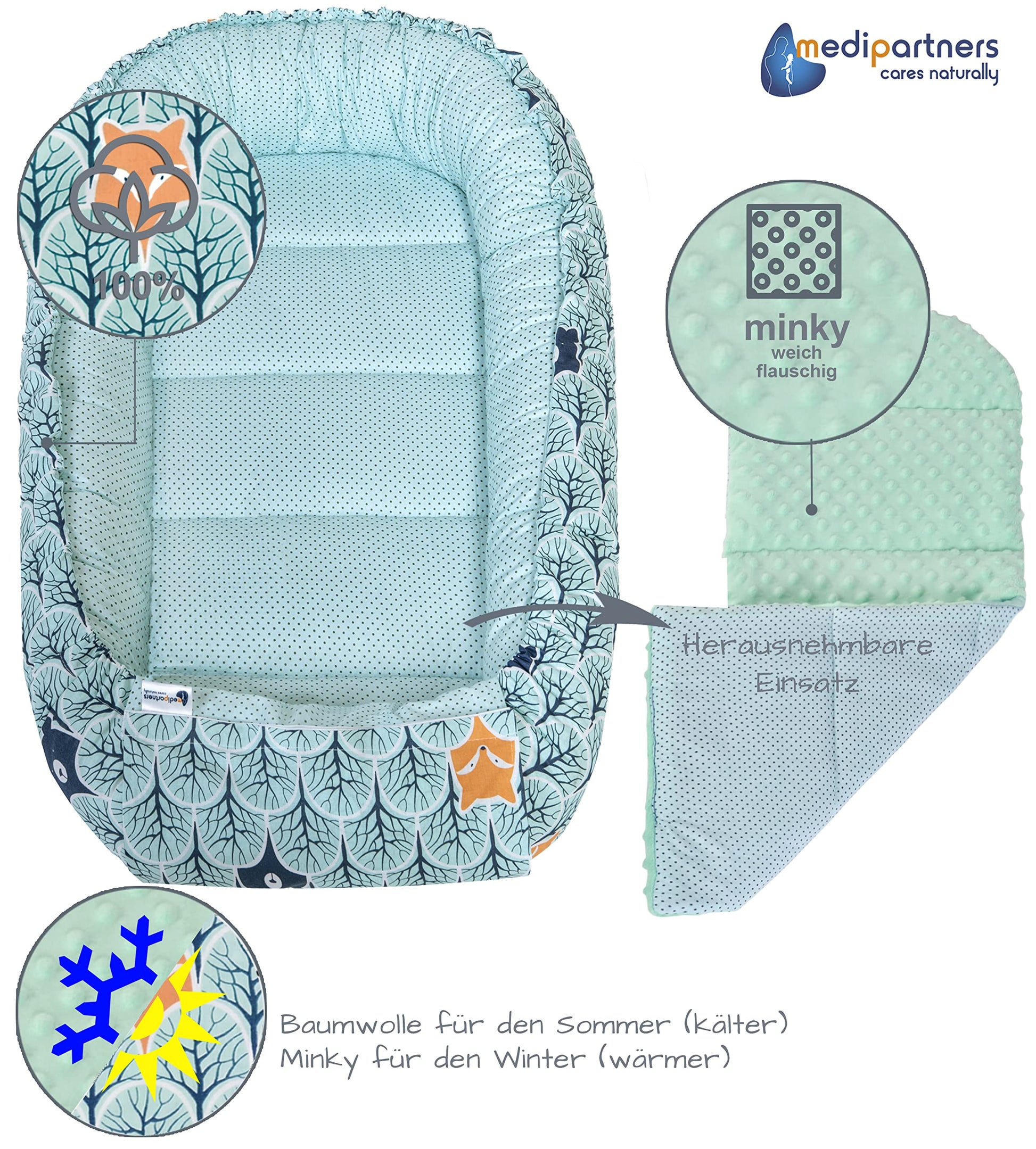 Medi Partners Babynestchen Babynest Set 100x60x15 Kuschelnest 5 teilig herausnehmbarer Einsatz Kokon Nestchen Babys Neugeborene 100% Baumwolle (REH mit Grauem Minky) - Meloni2