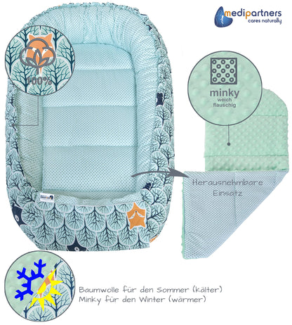Medi Partners Babynestchen Babynest Set 100x60x15 Kuschelnest 5 teilig herausnehmbarer Einsatz Kokon Nestchen Babys Neugeborene 100% Baumwolle (REH mit Grauem Minky) - Meloni2