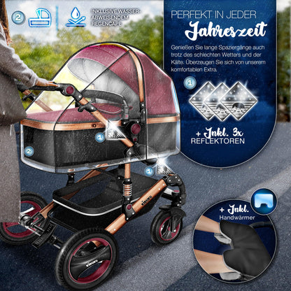 KIDUKU® 3 in 1 Kinderwagen Komplettset | Kombikinderwagen Set inkl. Babywanne & Buggy Sportsitz & Auto-Babyschale Fußsack | Vollgummireifen Wickeltasche Handwärmer Regenschutz Kindertisch ECE R129