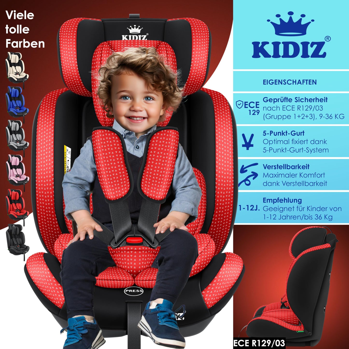 KIDIZ® Autokindersitz Triangle Premium Kindersitz Kinderautositz | Autositz Sitzschale | 9 kg - 36 kg 1-12 Jahre | Gruppe 1/2/3 | universal | zugelassen nach ECE R129/03 | mit Isofix