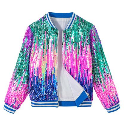 LOLANTA Girls Sequin Bomber Jacket with Pockets Zipper Long Sleeve Glitter Baseball Jackets for Kids 4-13 Years 