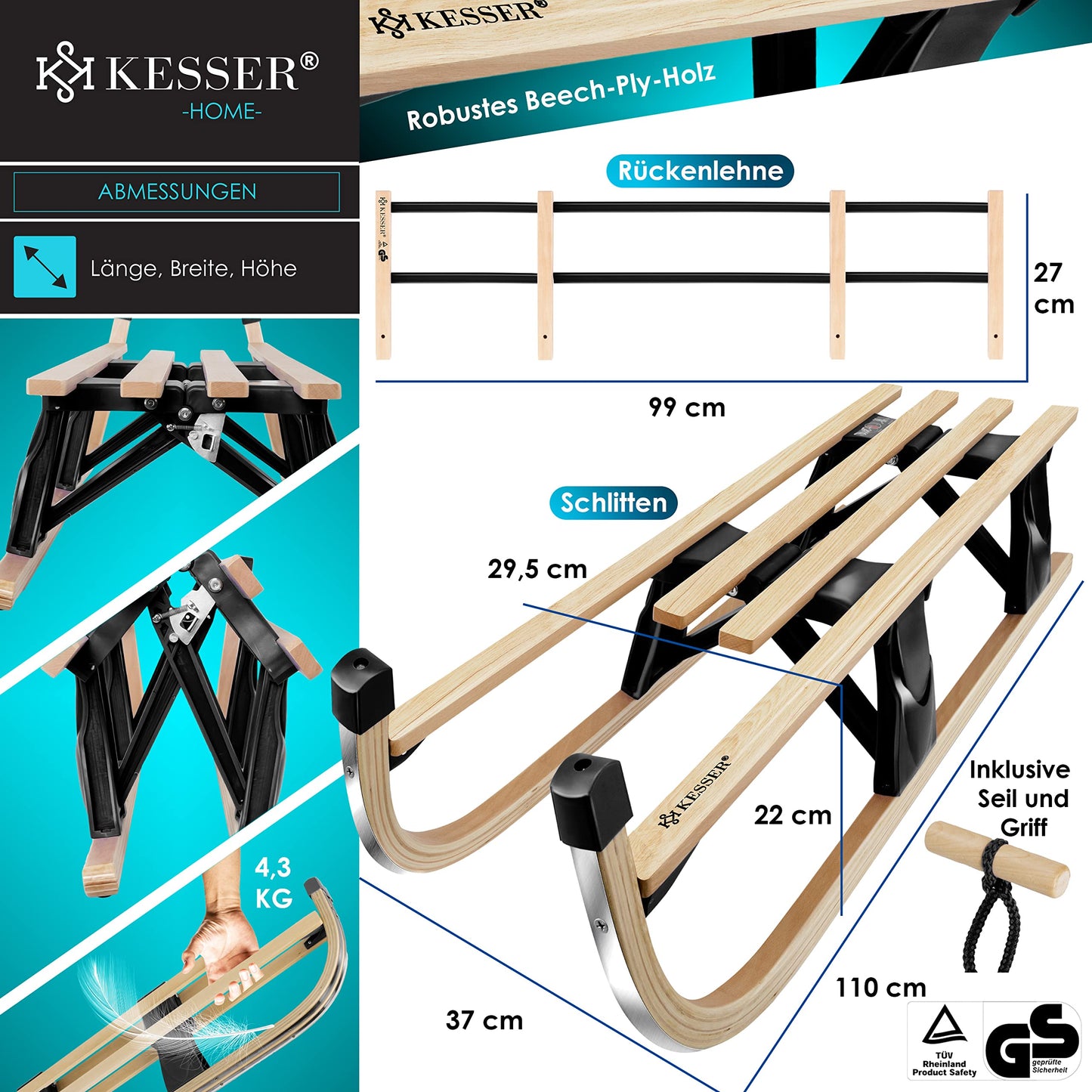 KESSER® Wooden Sledge Premium Children's Folding Sledge Made of Beech Wood Including Pull Rope Slider Metal Runners
