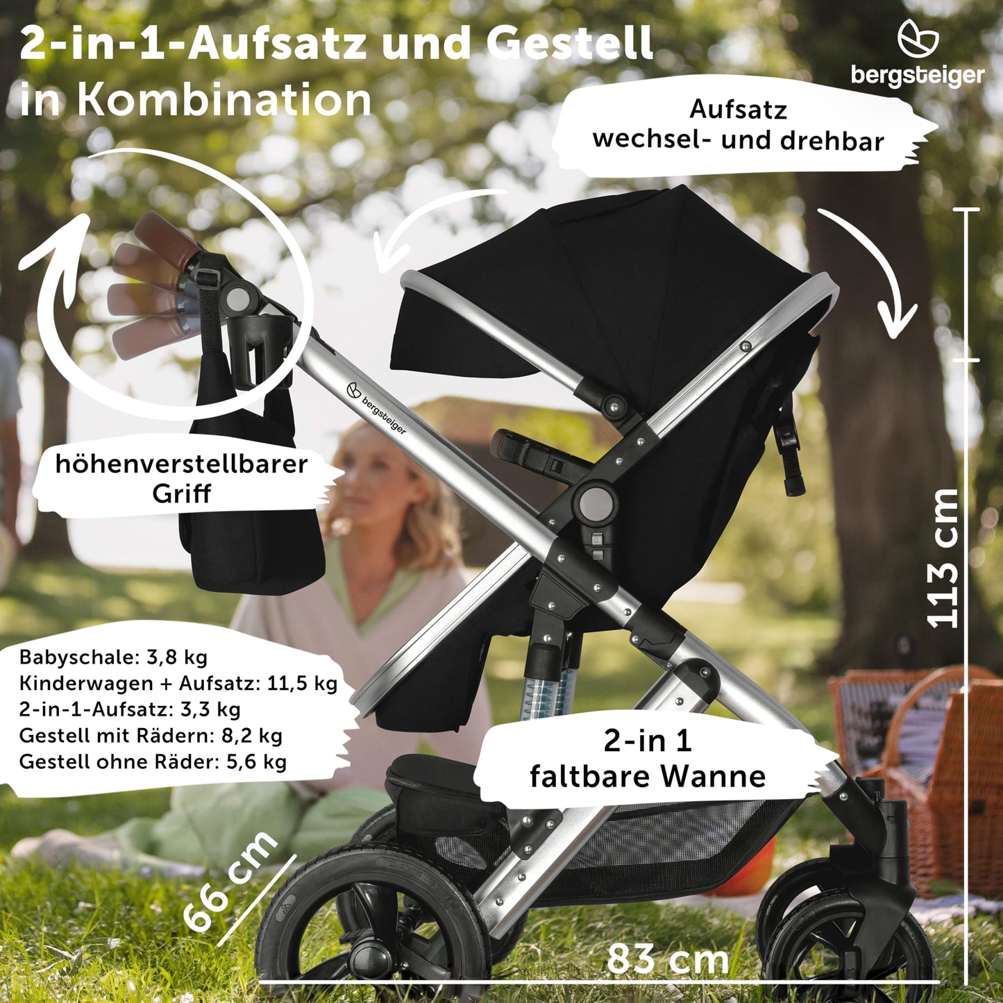 Bergsteiger Nizza 3 in 1 Kinderwagen, Kombikinderwagen Komplettset, Auto-Babyschale & Isofix Station, Babywanne & Buggy Sportsitz inklusive