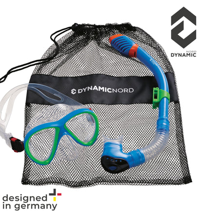 DYNAMICNORD - Kinder Schnorchelset – Designed in Germany – Profi Silikon 2er Set Tauchset Schnorchelset für Kinder (Taucherbrille, Trocken Schnorchel & Netztasche) mit Dry Schnorchel & Sicherheitsglas