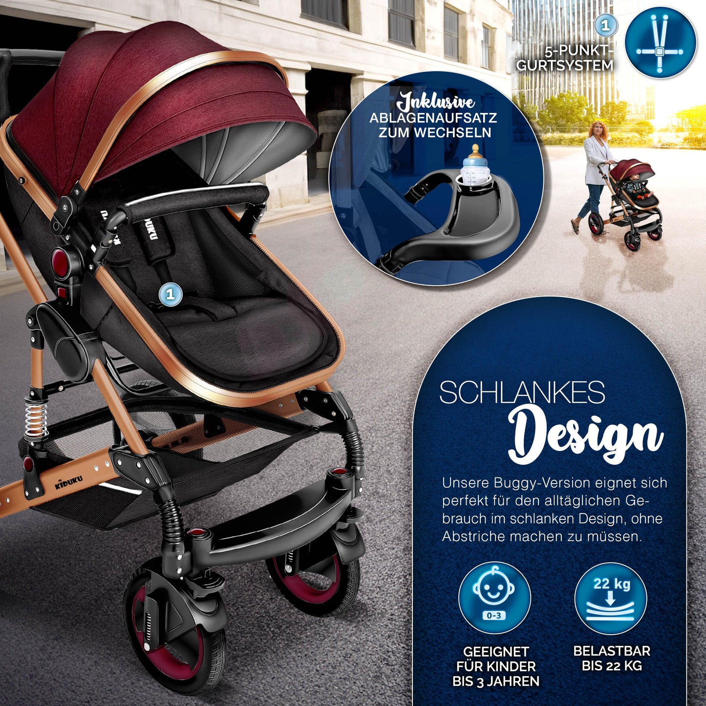 KIDUKU® 3 in 1 Kinderwagen Komplettset | Kombikinderwagen Set inkl. Babywanne & Buggy Sportsitz & Auto-Babyschale Fußsack | Vollgummireifen Wickeltasche Handwärmer Regenschutz Kindertisch ECE R129