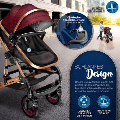 KIDUKU® 3 in 1 Kinderwagen Komplettset | Kombikinderwagen Set inkl. Babywanne & Buggy Sportsitz & Auto-Babyschale Fußsack | Vollgummireifen Wickeltasche Handwärmer Regenschutz Kindertisch ECE R129
