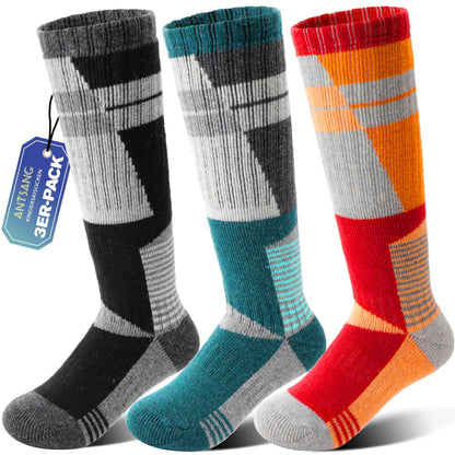 ANTSANG Kinder Merino Woll Skisocken Jungen Mädchen Thermisch Dick Warm Winter Gemütlich Kniehohe Socken zum Skifahren Snowboarden 3 Paar