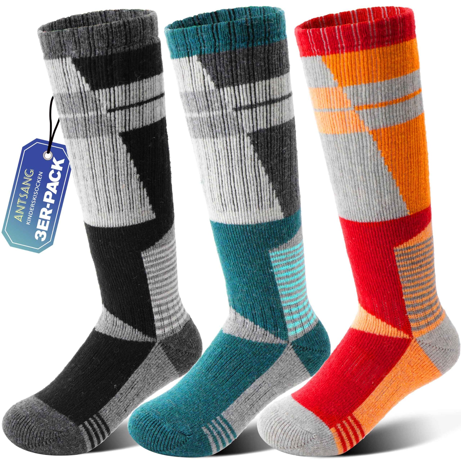 ANTSANG Kinder Merino Woll Skisocken Jungen Mädchen Thermisch Dick Warm Winter Gemütlich Kniehohe Socken zum Skifahren Snowboarden 3 Paar